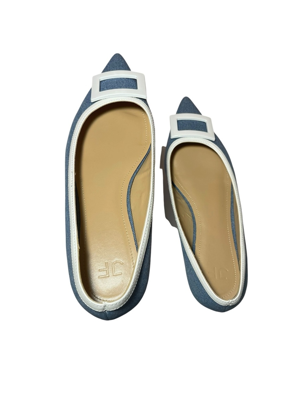 J ferrar Pointed Denim Blue Ballet Flats with White Trim - Picture 2 of 6